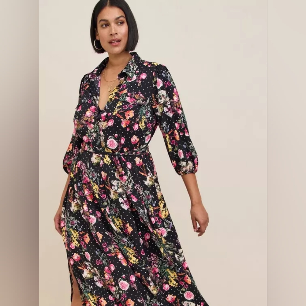 Torrid Black Floral Polka Dot Button Up 3/4 Sleeve Dress